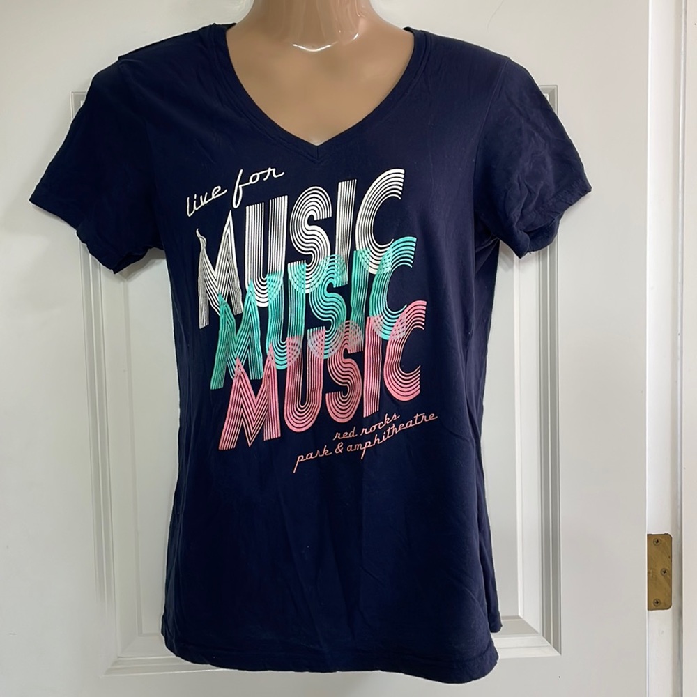 4 for $20 special 
Blue V Neck Tee says “Live for Music Music Music Red Rocks
